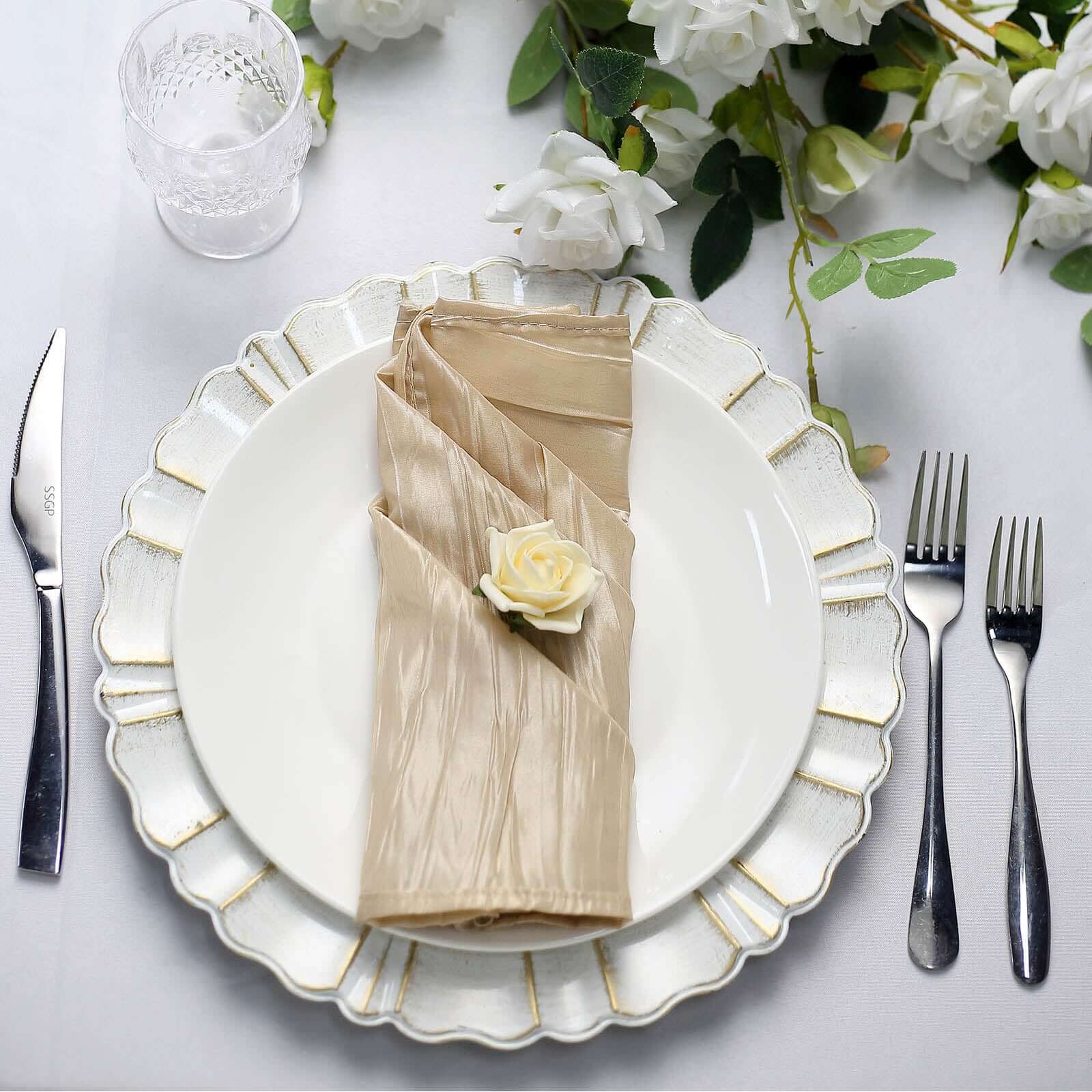5 Pack Taffeta 20"x20" Napkins Beige - Accordion Crinkle Dinner Napkins