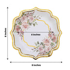25-Pack Paper 8" Dessert Plates in White with Floral Print & Gold Scallop Rim - Disposable 300GSM Appetizer Salad Plates for Cocktail Events & Receptions