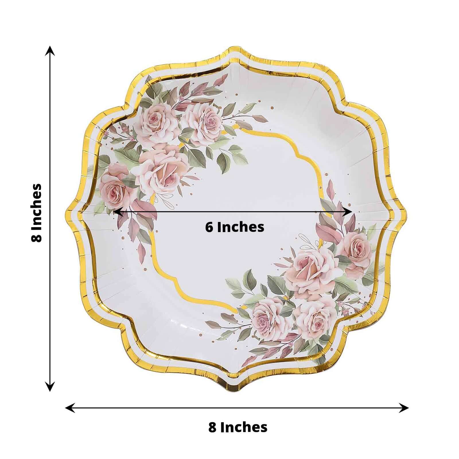 25-Pack Paper 8" Dessert Plates in White with Floral Print & Gold Scallop Rim - Disposable 300GSM Appetizer Salad Plates for Cocktail Events & Receptions