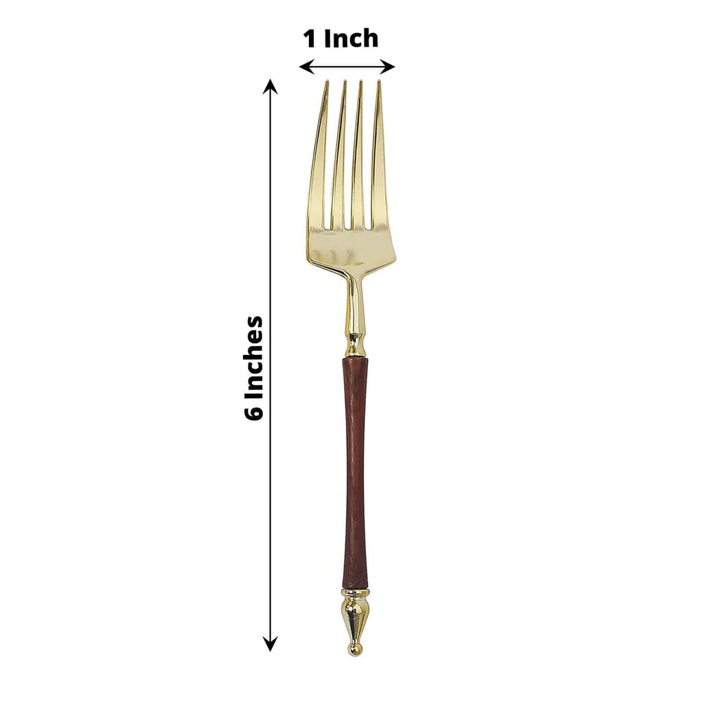 24-Pack Plastic Dessert Forks with Roman Column Handle Gold/Brown - European Style Disposable Utensils 6"