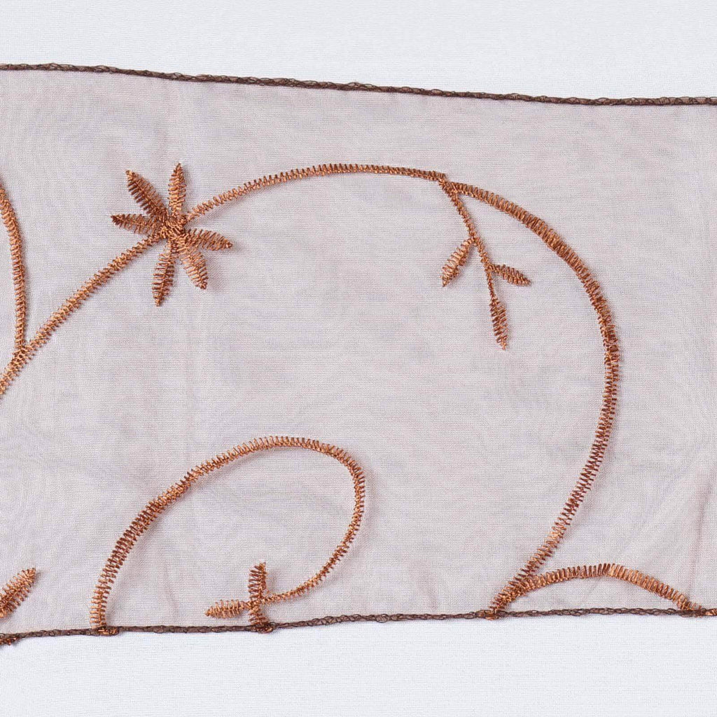 5 Pack Organza Chair Sashes with Satin Leaf Embroidery Chocolate - Reusable Sheer Design 7"x108"