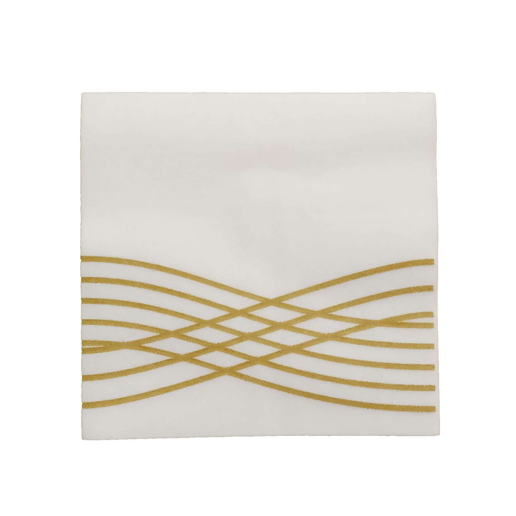 20 Pack Linen-Like Paper 5"x5" Napkins White with Gold Foil Wave Design - Classy Disposable Airlaid Cocktail Napkins