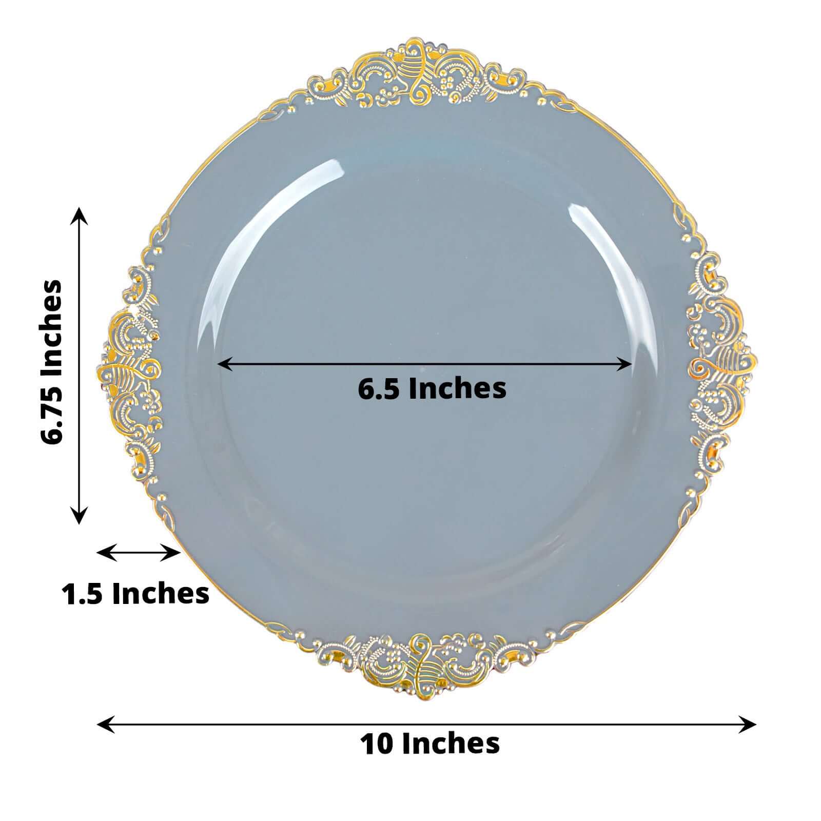 10-Pack Plastic 10" Round Dinner Plates in Dusty Blue with Gold Leaf Embossed Rim - Disposable Vintage Baroque Style Plates