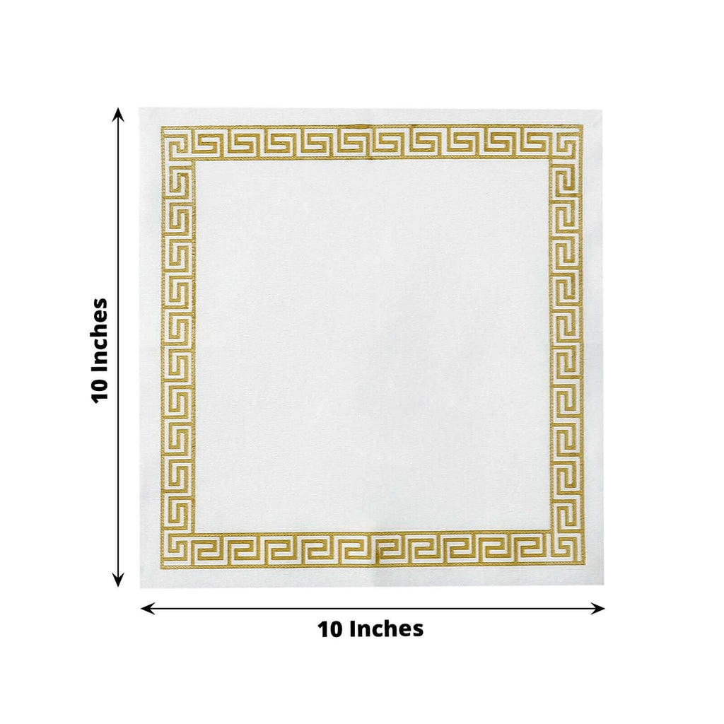 25 Pack Linen-Like Paper 5"x5" Napkins White with Gold Greek Key Design - Hygienic Disposable Airlaid Party Napkins