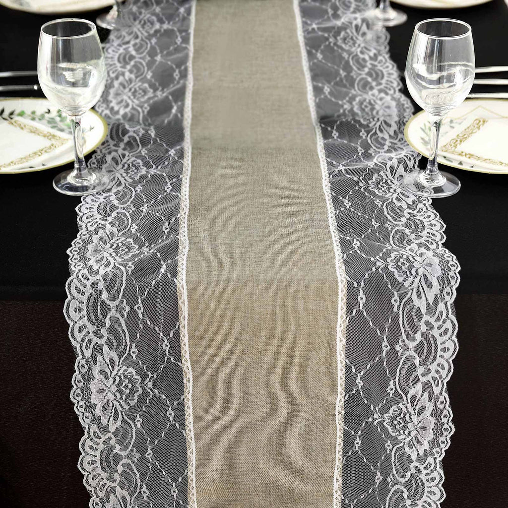 Faux Burlap Jute 16"x108" Table Runner Taupe With White Lace Edging - Rustic Farmhouse Table Linen