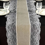 Faux Burlap Jute 16"x108" Table Runner Taupe With White Lace Edging - Rustic Farmhouse Table Linen