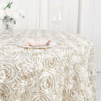 Satin 120" Round Tablecloth Ivory - Grandiose 3D Rosette with Seamless Finish Table Cover