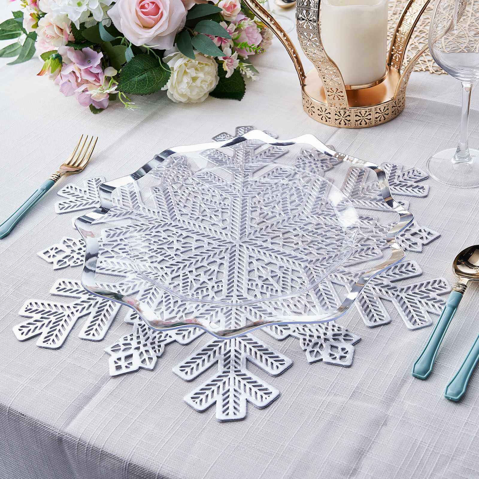 6-Pack Dining Table Mats Snowflake Design Silver - Vinyl Non-Slip Surface for Winter Decor 18"