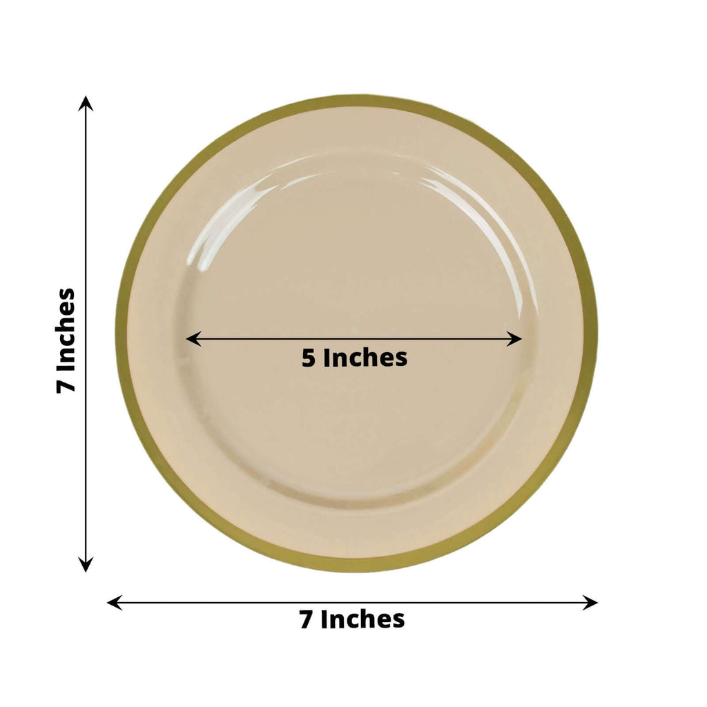 10-Pack Plastic 7" Round Appetizer Plates in Taupe with Gold Rim - Sleek Disposable Salad Plates for Banquets & Special Occasions
