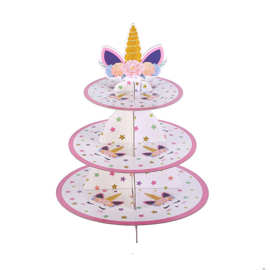 3-Tier Cardboard Cupcake Dessert Stand - Stable Treat Tower Display Holder for Unicorn Themed Girls Birthday Baby Shower Party Decor 15"