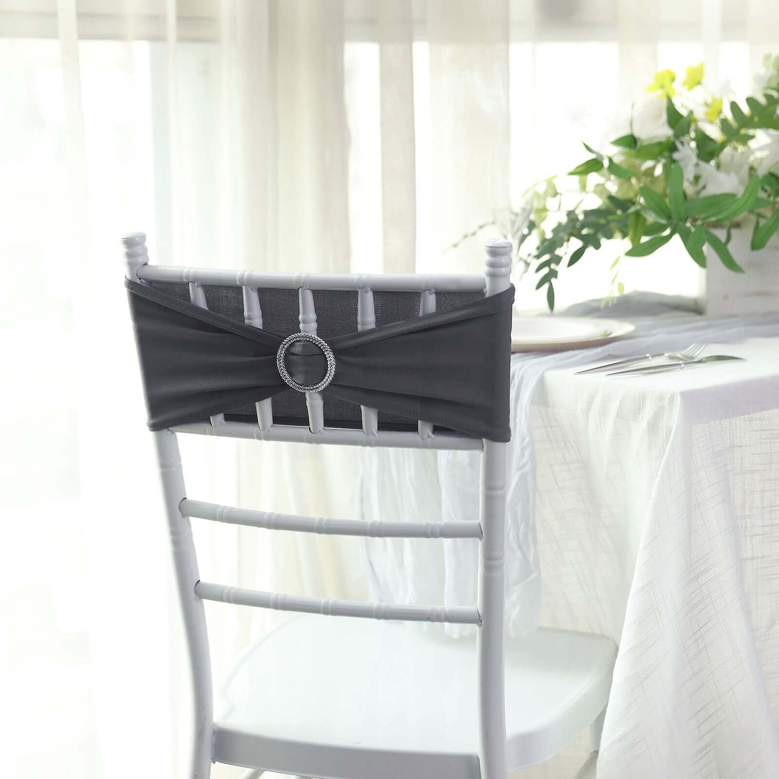 5 Pack Stretch Spandex Chair Sashes Charcoal Gray - Reusable Chair Bands with Silver Diamond Ring Slide Buckle 5"x14"