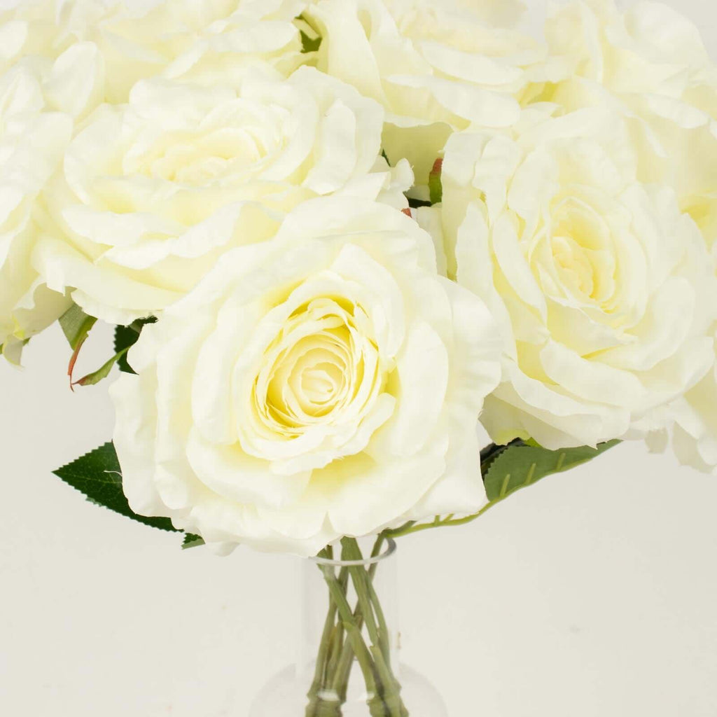 2 Bushes 17" Ivory Premium Silk Jumbo Rose Flower Bouquet, High Quality Artificial Wedding Floral Arrangements