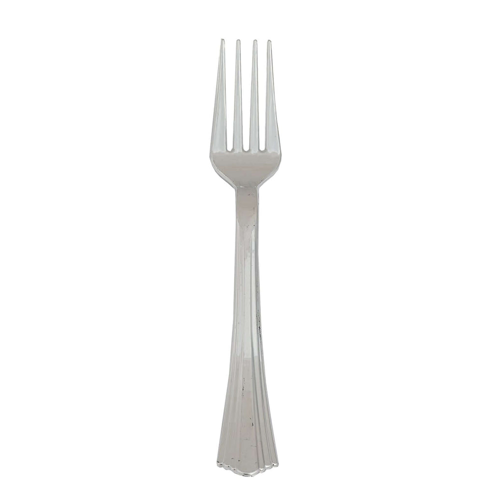 25-Pack Plastic Forks Silver Heavy Duty with Fluted Handles - Durable Disposable Tableware 7"