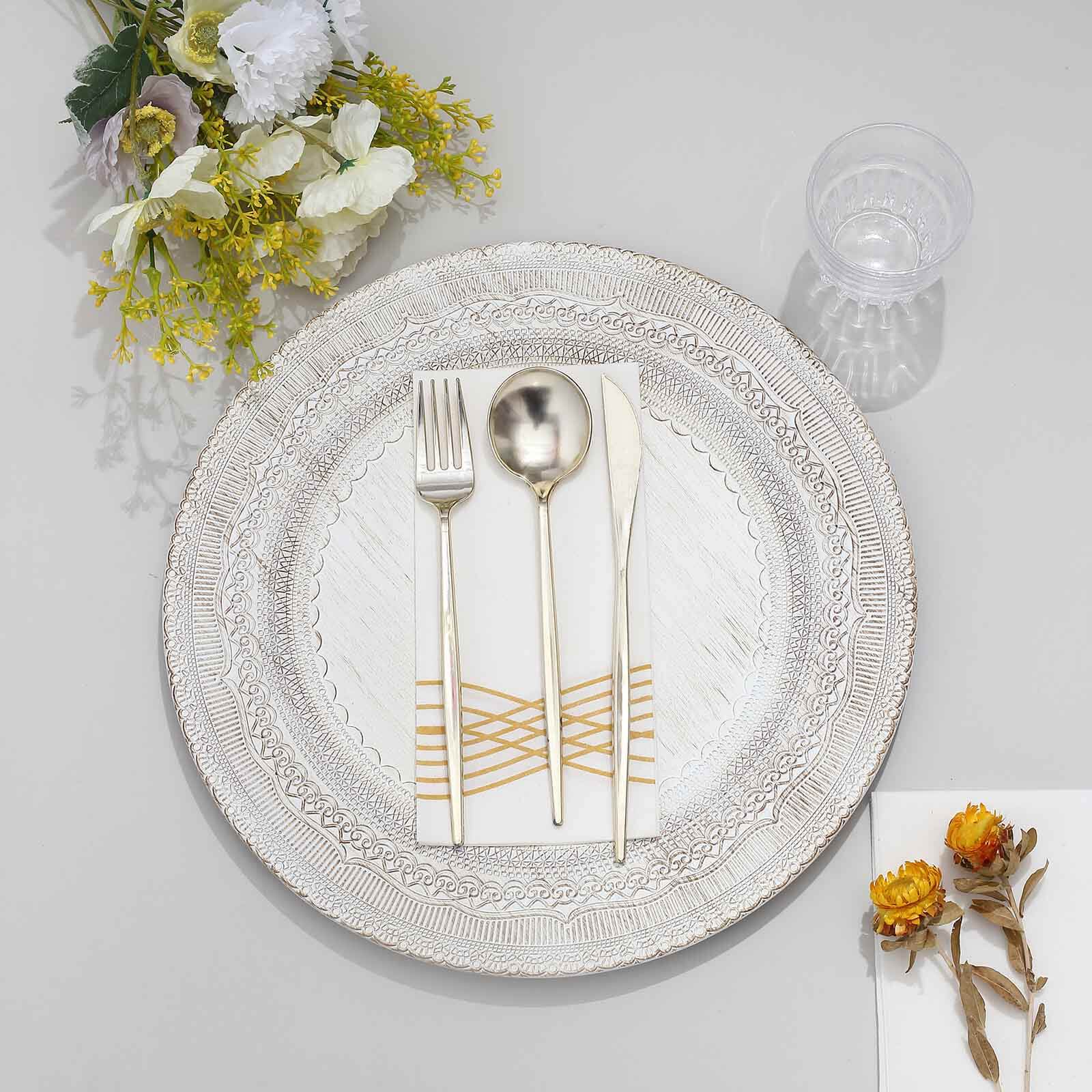 6-Pack Acrylic Round Charger Plates 13" in White with Lace Embossed Rim, Rustic Plastic Decorative Charger Tableware