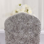Satin Rosette Chair Cover for Banquet Chairs Silver - Stretch Fitted Slip-On Slipcover