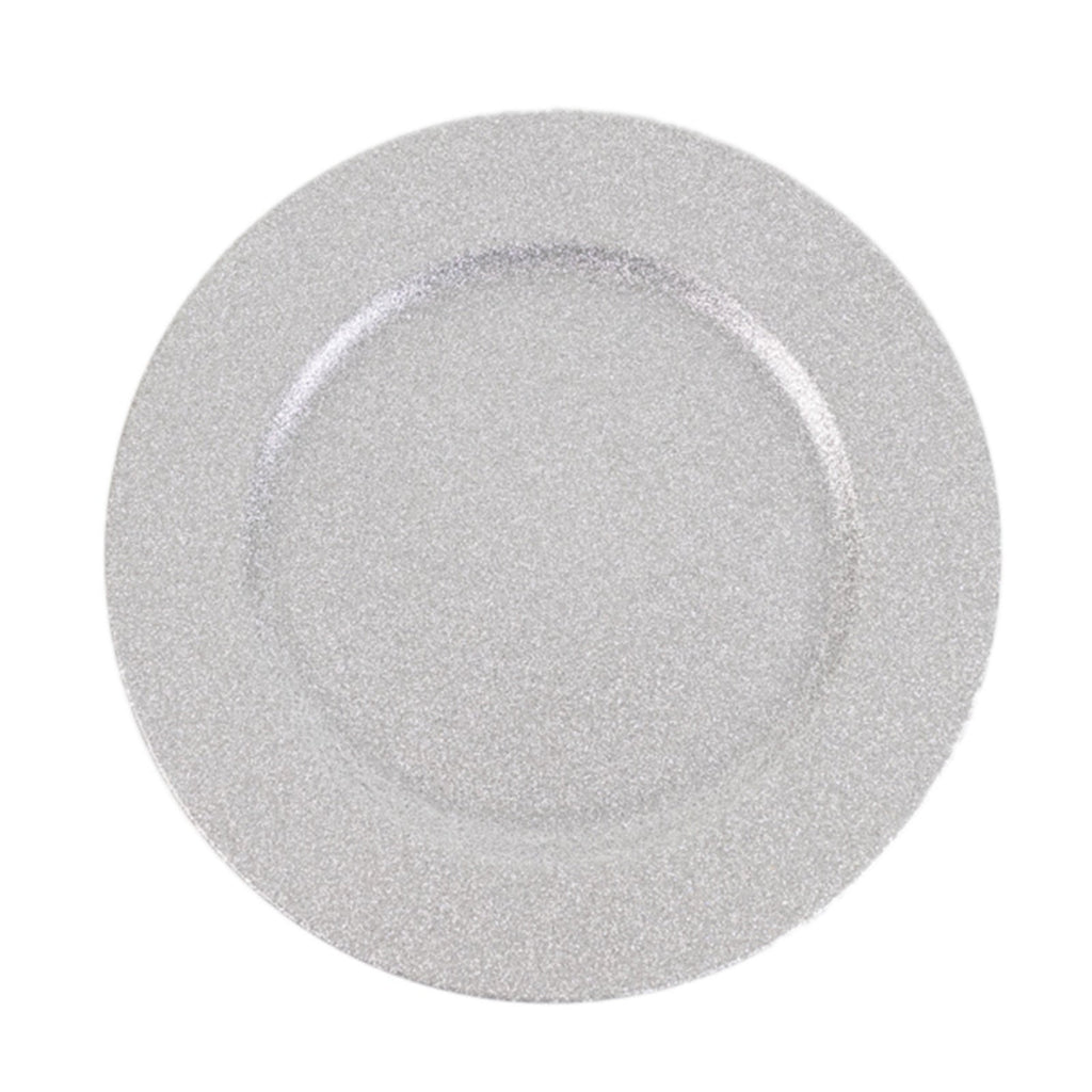 6-Pack Acrylic Plastic Round Charger Plates 13" in Silver with Dust Free Glitter Finish, Decorative Dinner Party Charger Tableware