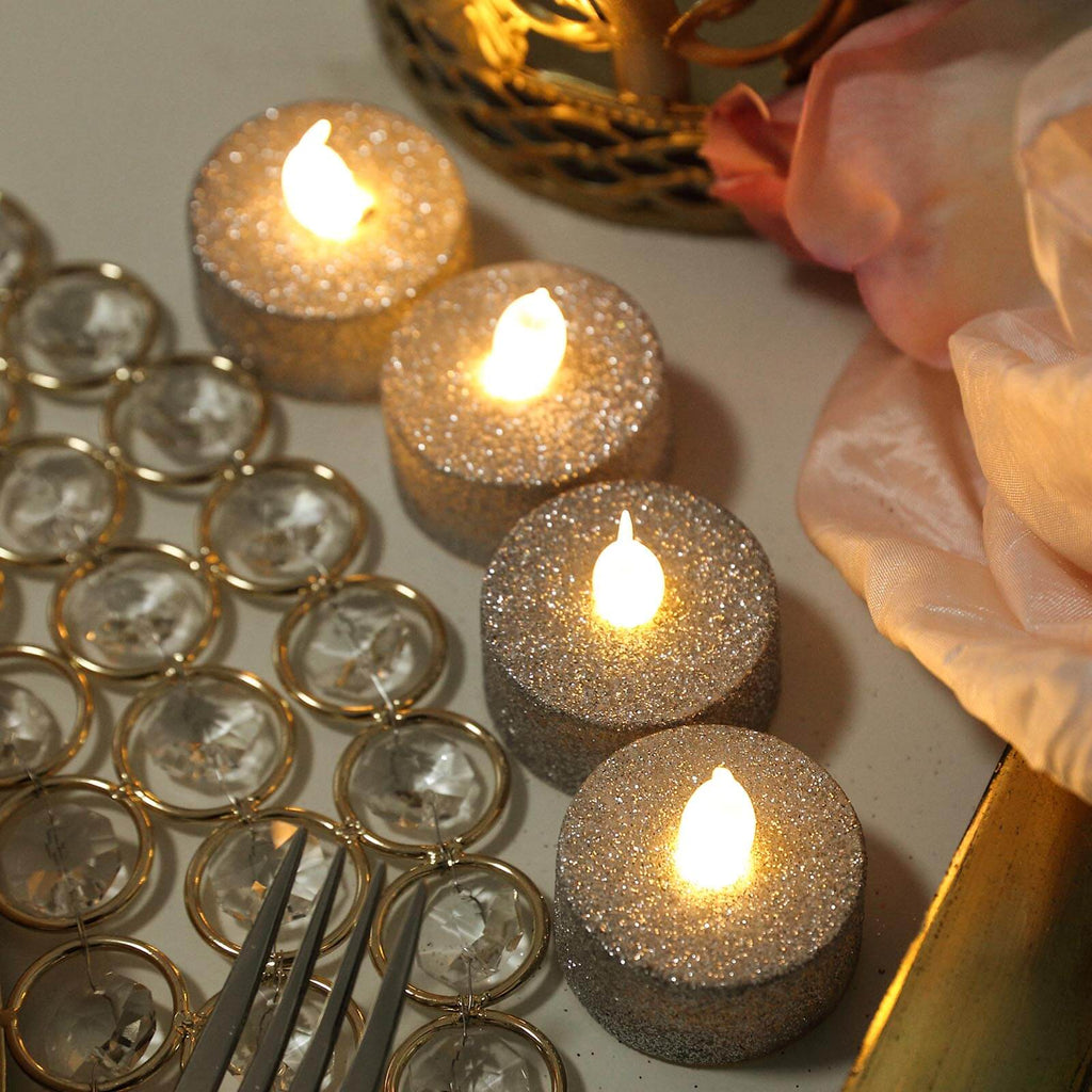 12-Pack LED Tealight Candles Glitter Silver Design - Flameless Battery Operated Tea Lights