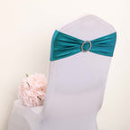 5 Pack Metallic Spandex Chair Sashes Peacock Teal - Stretch Fit Chair Bands With Round Diamond Buckles