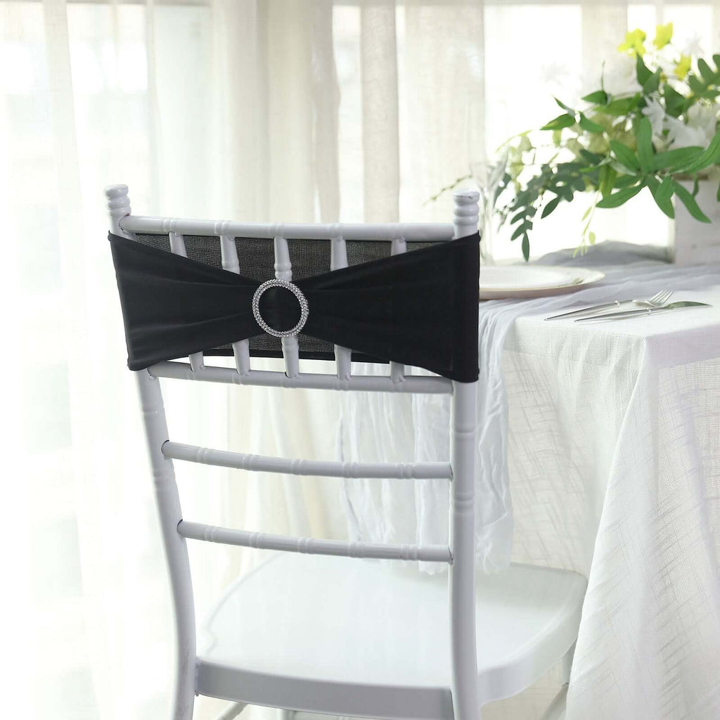5 Pack Stretch Spandex Chair Sashes Black - Classy Reusable Chair Bands with Silver Diamond Ring Slide Buckle 5"x14"