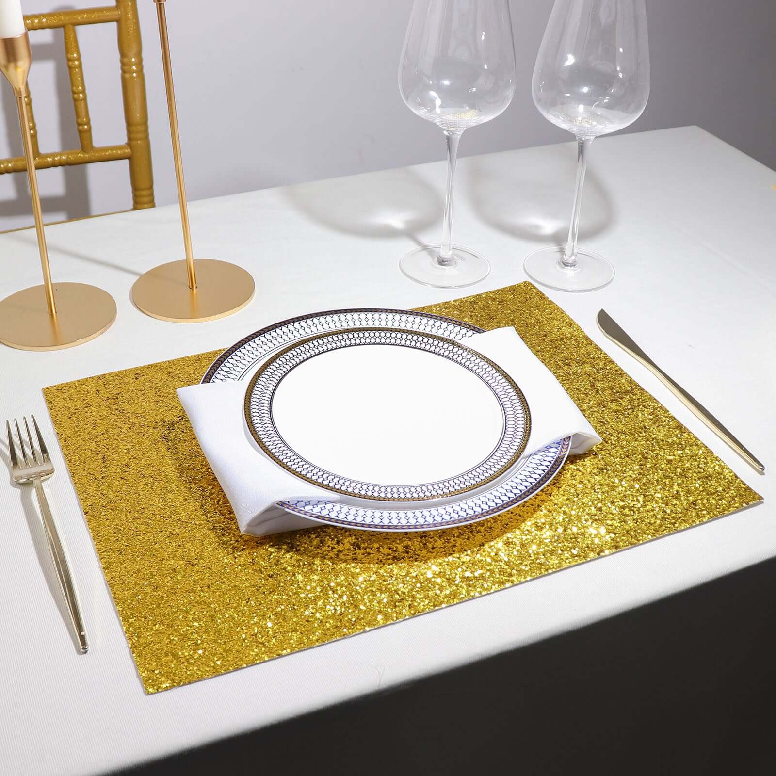 6-Pack Placemats Glitter Design Gold Sparkle Rectangle - Non-Slip Decorative Dining Table Mats 12"x18"