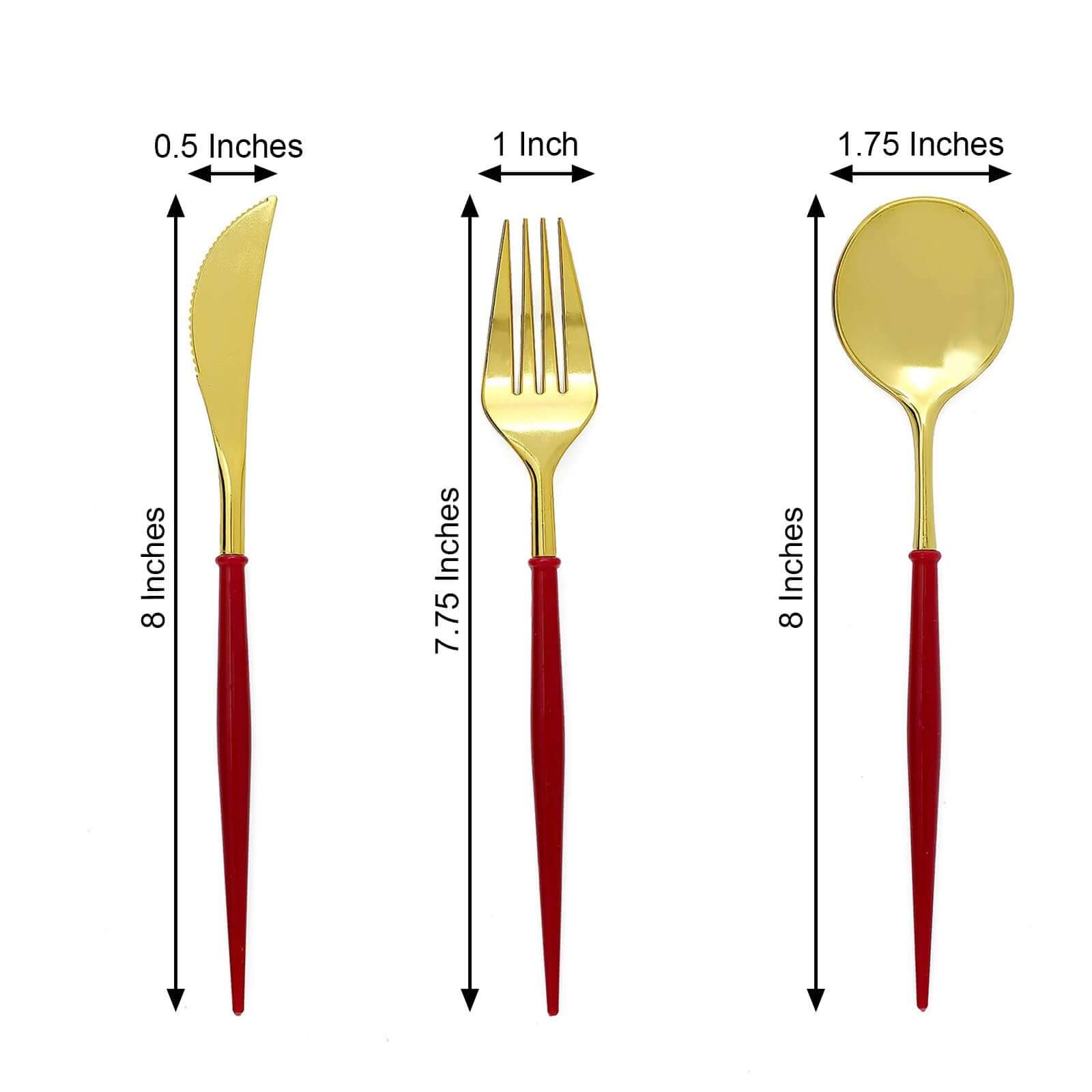 24-Pack Plastic Flatware Set in Metallic Gold with Red Handle - Heavy Duty Disposable Modern Silverware 8"