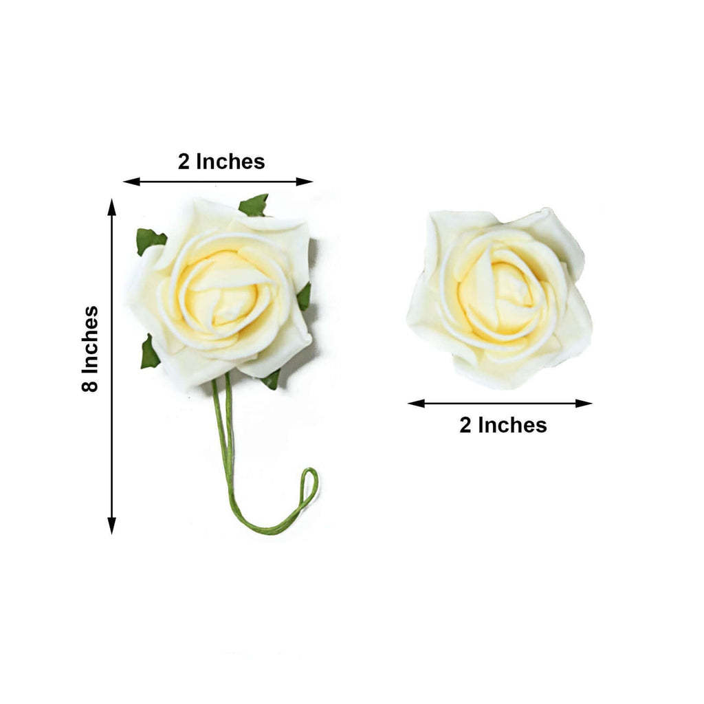 24 Roses 2" Cream Artificial Foam Flowers With Stem Wire and Leaves