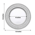 6-Pack Acrylic Round Charger Plates 13" in Silver with Lace Embossed Rim, Rustic Plastic Decorative Charger Tableware