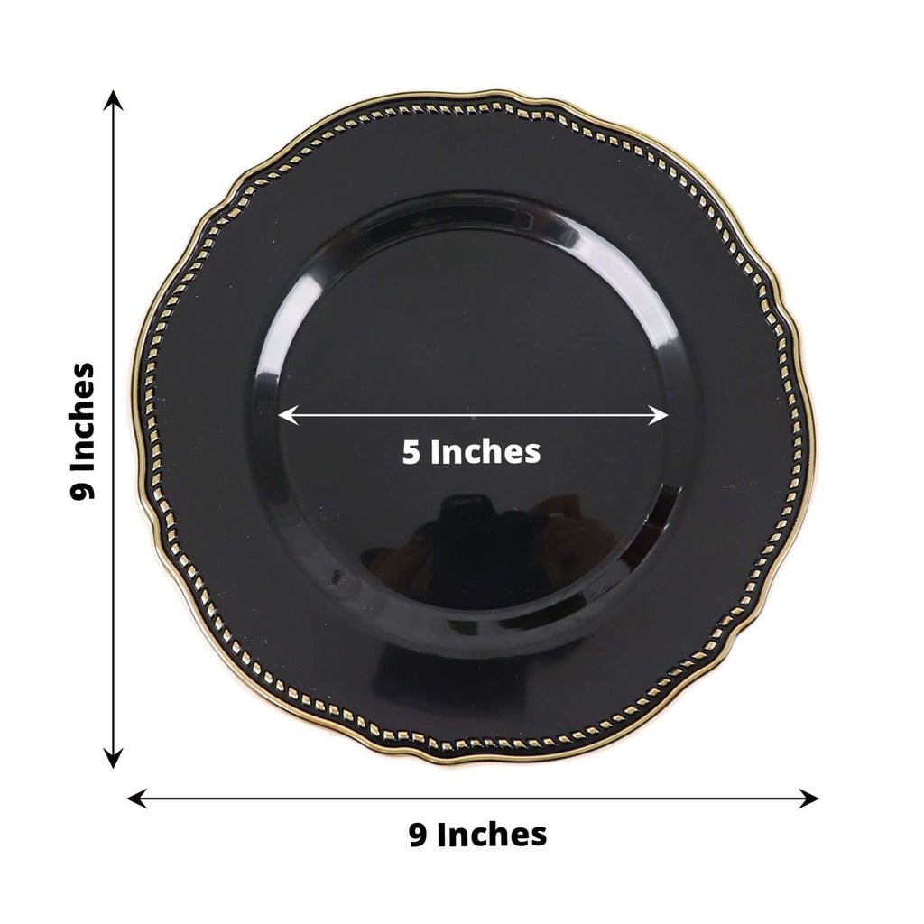 10-Pack Plastic Dinner Plates in Black with Gold Scalloped Rim - Disposable Party Plates for Upscale Events & Banquets 9"
