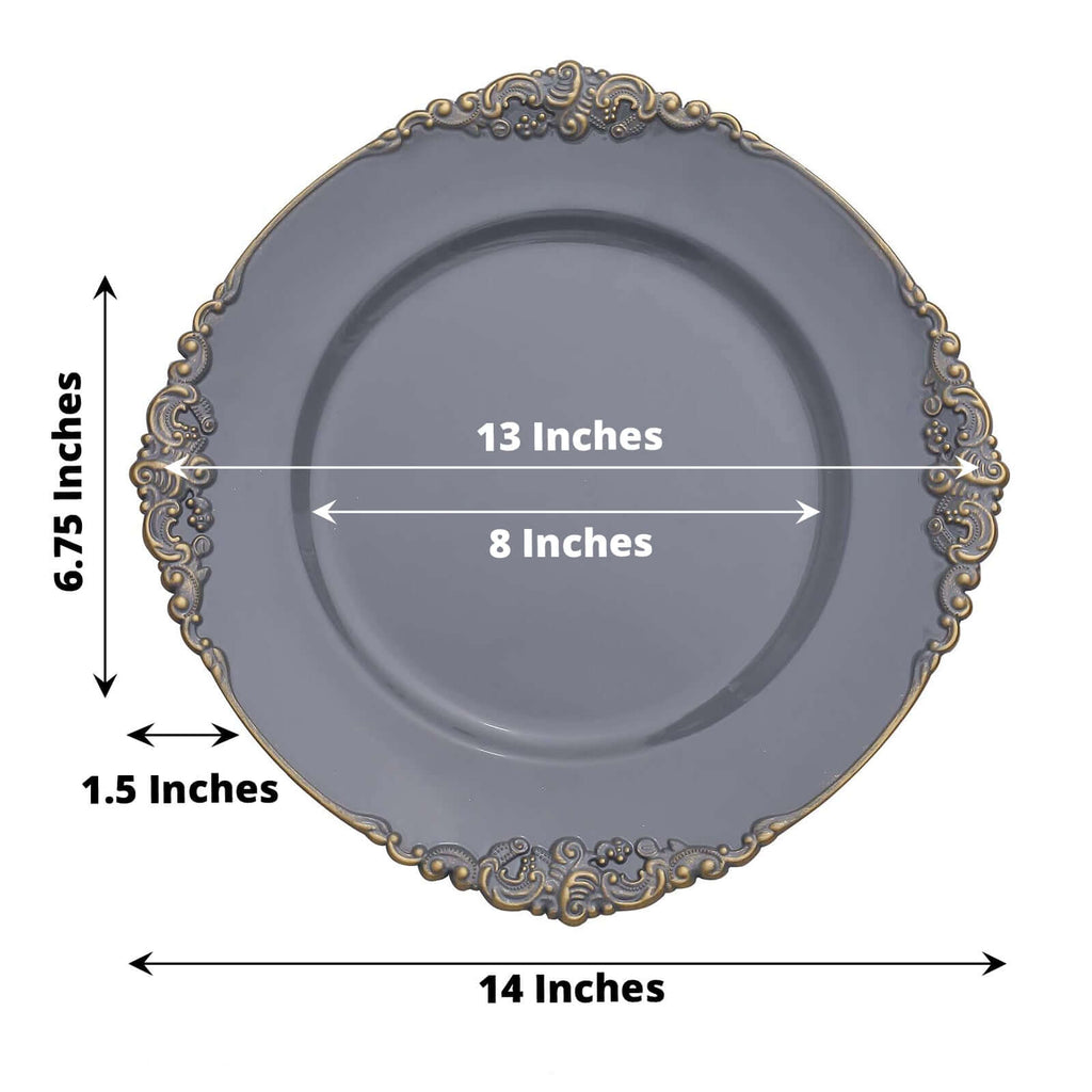 6-Pack Acrylic Round Charger Plates 13" in Charcoal Gray with Gold Embossed Baroque Rim, Antique Decorative Dinner Party Charger Tableware