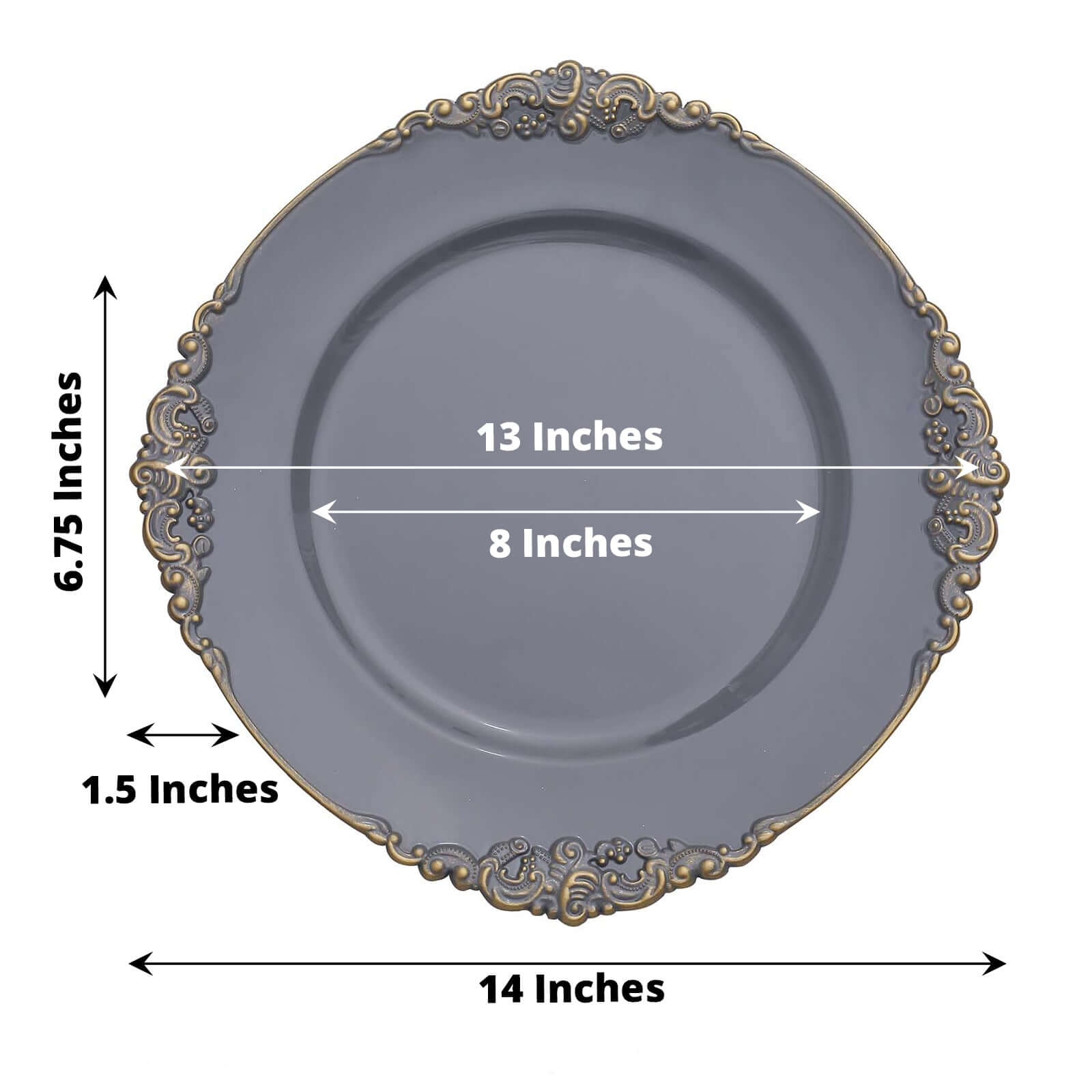 6-Pack Acrylic Round Charger Plates 13" in Charcoal Gray with Gold Embossed Baroque Rim, Antique Decorative Dinner Party Charger Tableware