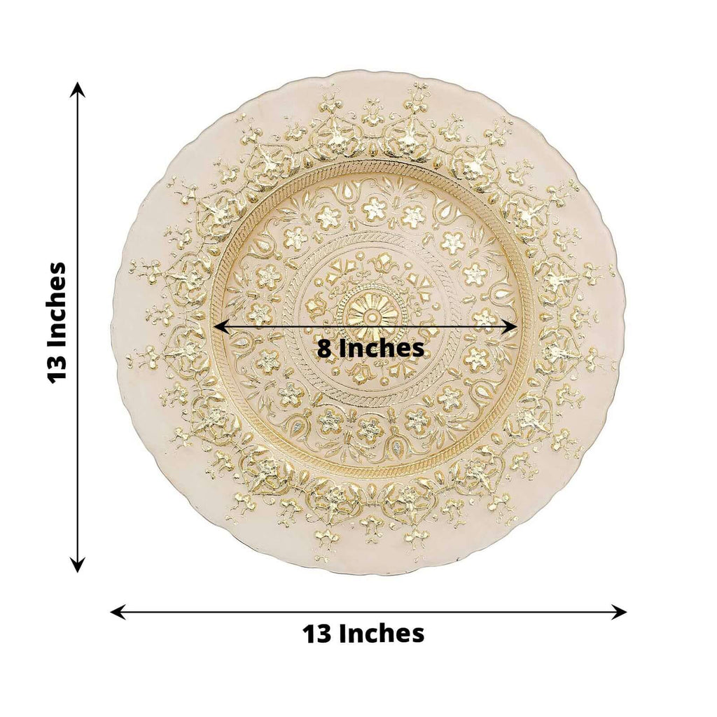 8-Pack Glass Round Charger Plates 13" in Gold with Monaco Style Ornate Design, Classy Decorative Dinner Chargers