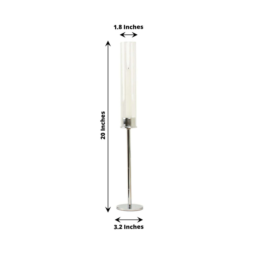 2-Pack Silver Metal Taper Candlestick Holders, Clear Glass Hurricane Candle Stands With Chimney Candle Shades 20"