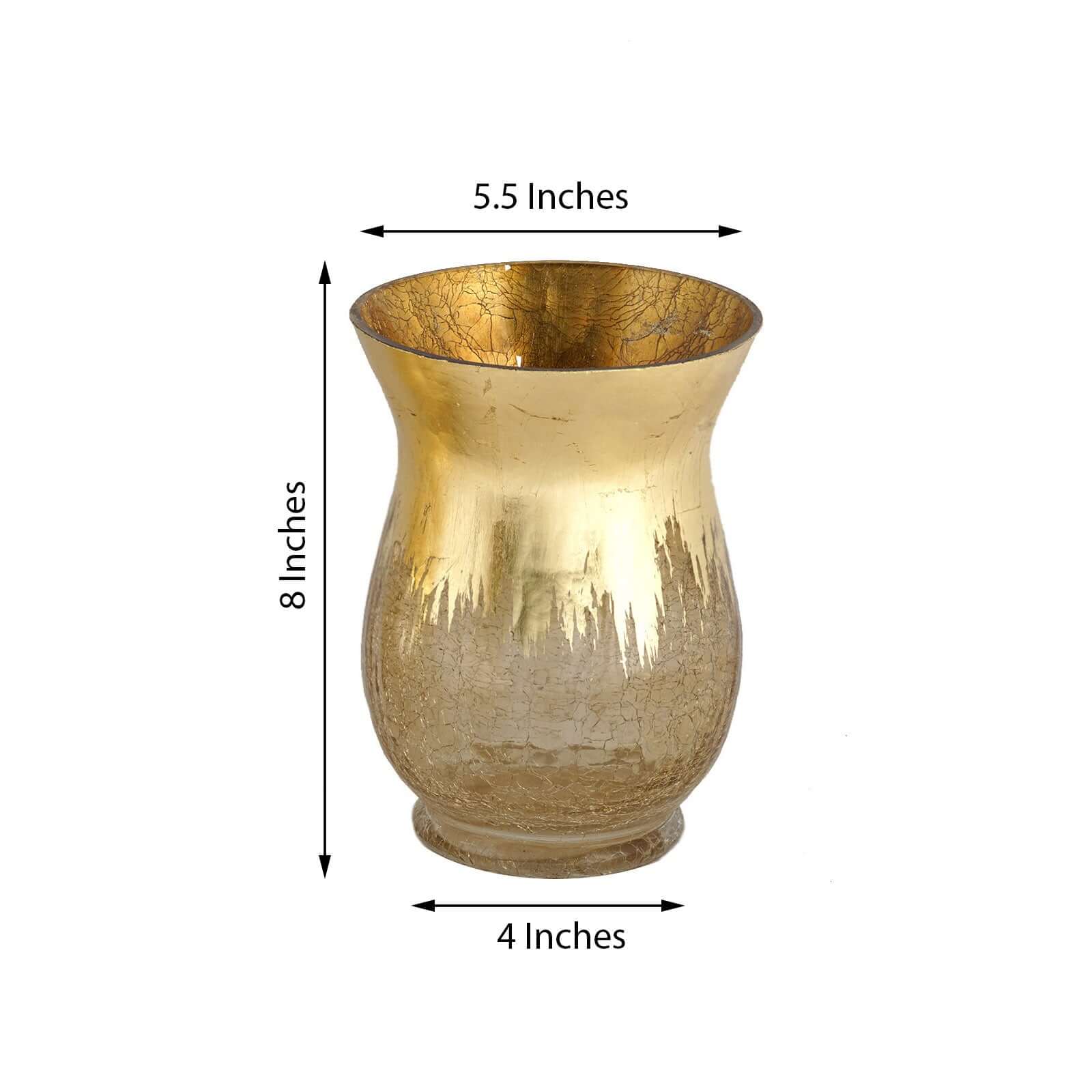 2-Pack Glass Hurricane Vases Bell Shaped Crackle Gold Curvy Design - Stylish Candle Holder Centerpieces 8"