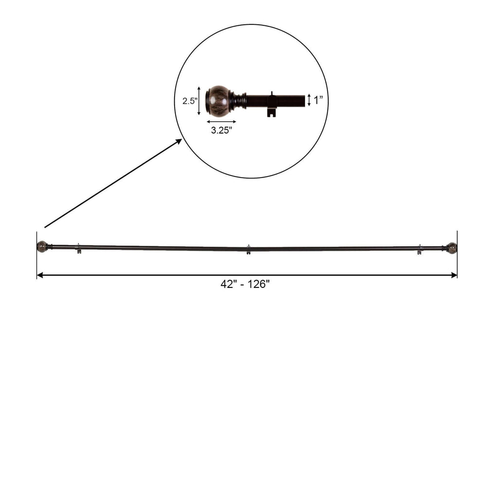 42"-126" Adjustable Curtain Rod Set, Chocolate Brown, Marble Finials