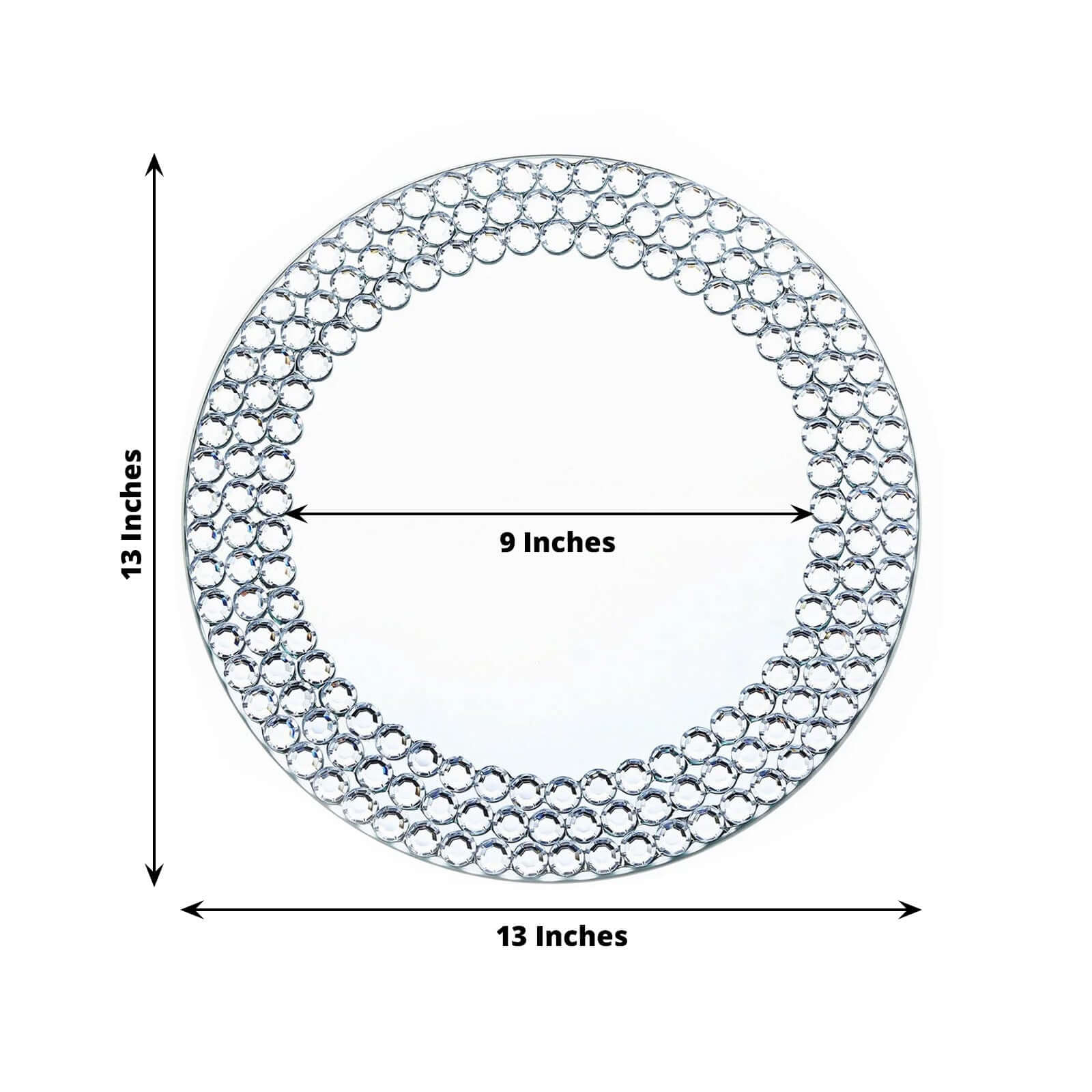2-Pack Mirror Glass Round Charger Plates 13" with Silver Mirror Diamond Beaded Rim, Upscale Decorative Chargers