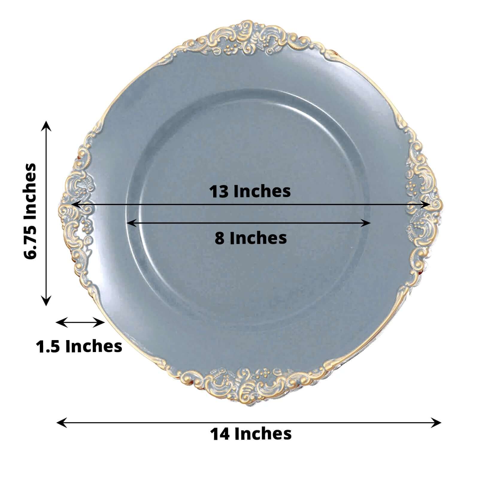 6-Pack Acrylic Round Charger Plates 13" in Dusty Blue with Gold Embossed Baroque Rim, Antique Decorative Dinner Party Charger Tableware