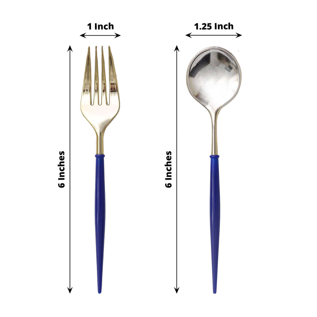 24-Pack Plastic Fork and Spoon Set Gold/Royal Blue 6"
