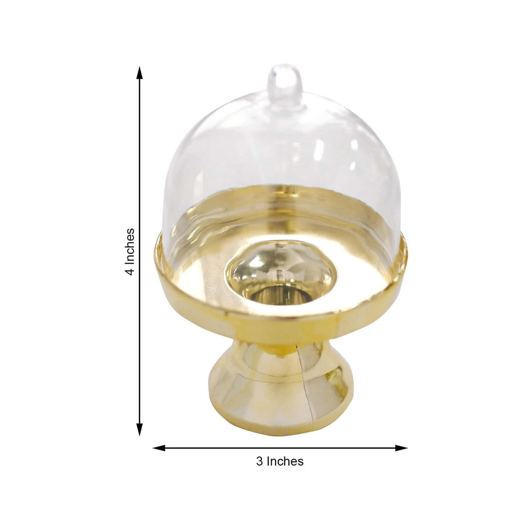 12-Pack Fillable Mini Pedestal Candy Container Clear/Gold - Decorative Candy Treat Favor Boxes with Dome Lid 4"