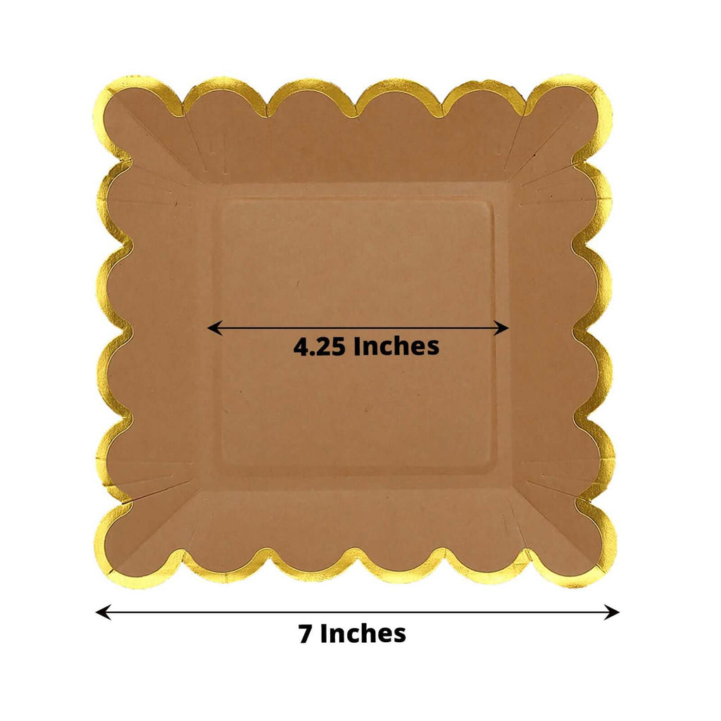 25-Pack Paper 7" Square Dessert Plates in Natural Brown with Gold Scalloped Rim - Disposable Salad Appetizer Party Plates for Stylish Outdoor Events & Boho Celebrations