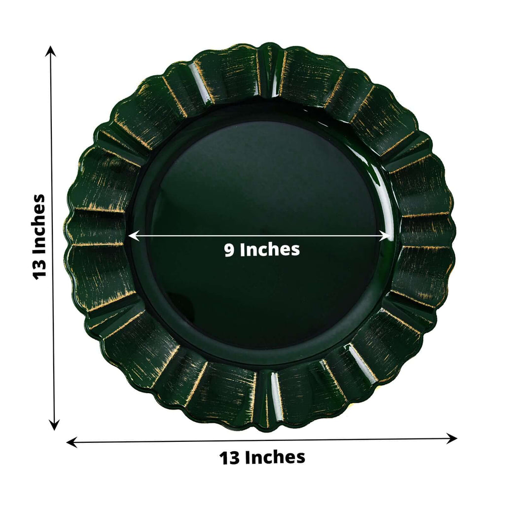 6-Pack Acrylic Plastic Round Charger Plates 13" in Hunter Emerald Green with Gold Brushed Wavy Scalloped Rim