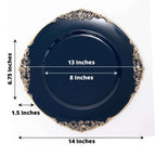 6-Pack Acrylic Round Charger Plates 13" in Navy Blue with Gold Embossed Baroque Rim, Antique Decorative Dinner Party Charger Tableware