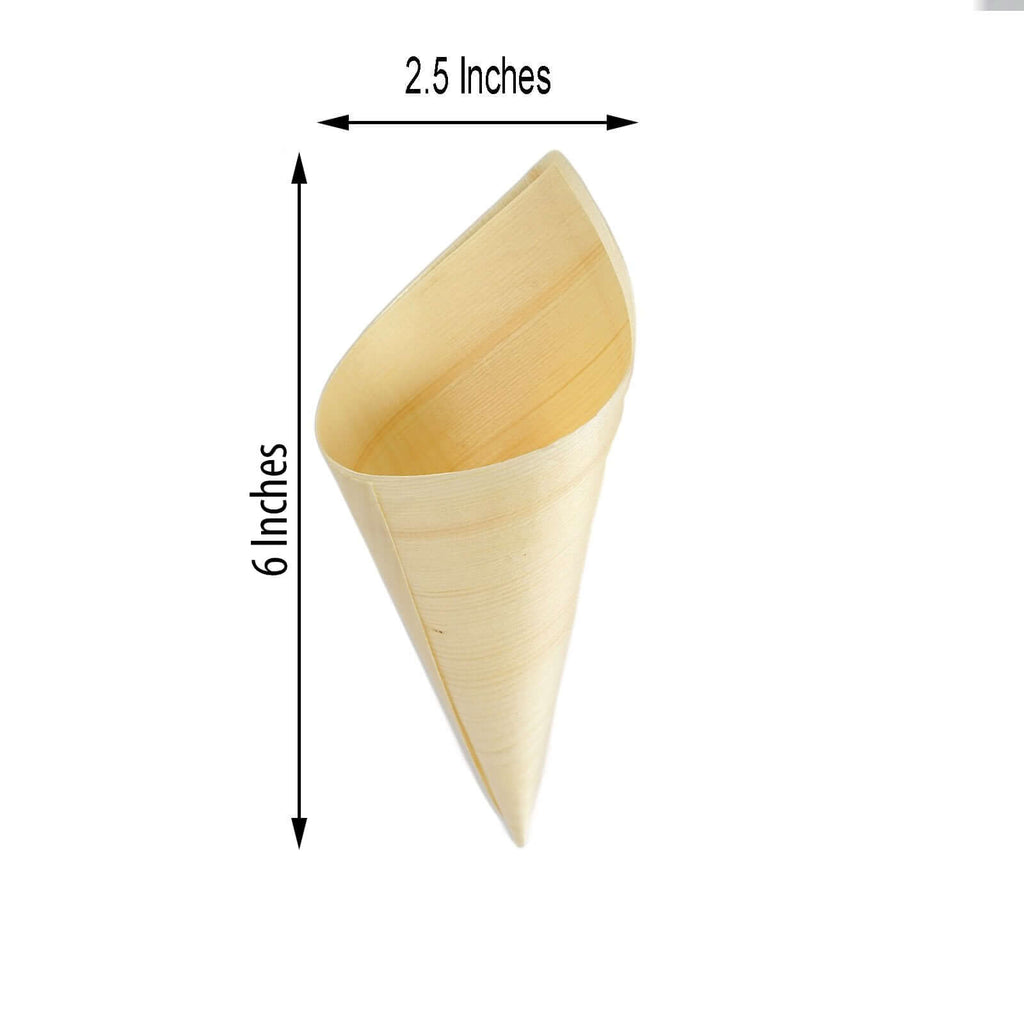 50-Pack Pine Wood Food Cones Eco Friendly Natural Disposable Design - 100% Biodegradable Tasting Serving Cones 6"