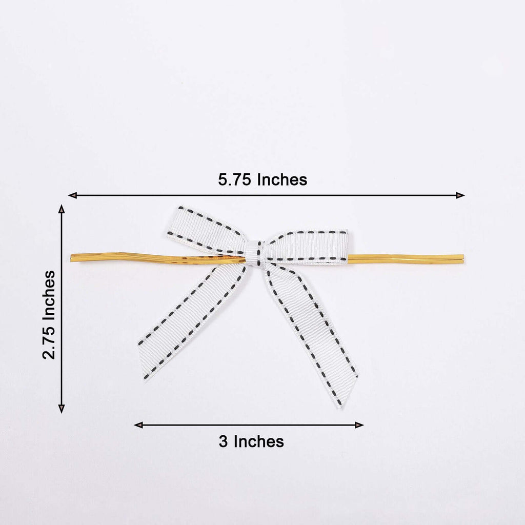 50 Pcs 3" Saddle Stitch Ribbon Bows With Twist Ties, Gift Basket Party Favor Bags Decor - White Black Polyester