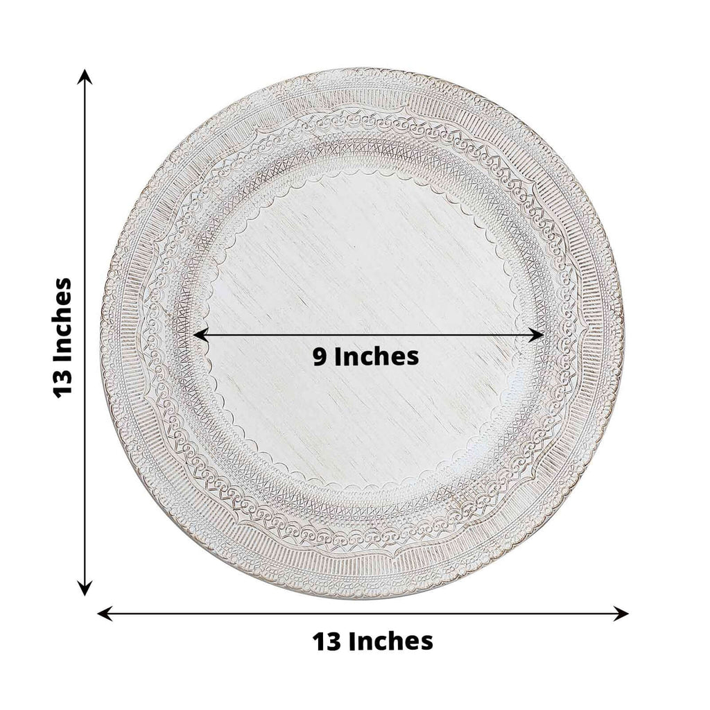 6-Pack Acrylic Round Charger Plates 13" in White with Lace Embossed Rim, Rustic Plastic Decorative Charger Tableware