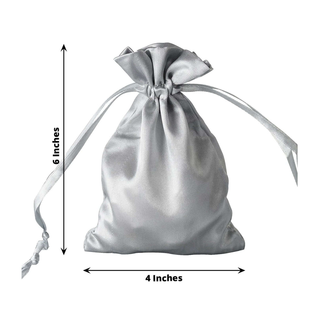 12 Pack 4"x6" Silver Satin Drawstring Wedding Party Favor Gift Bags