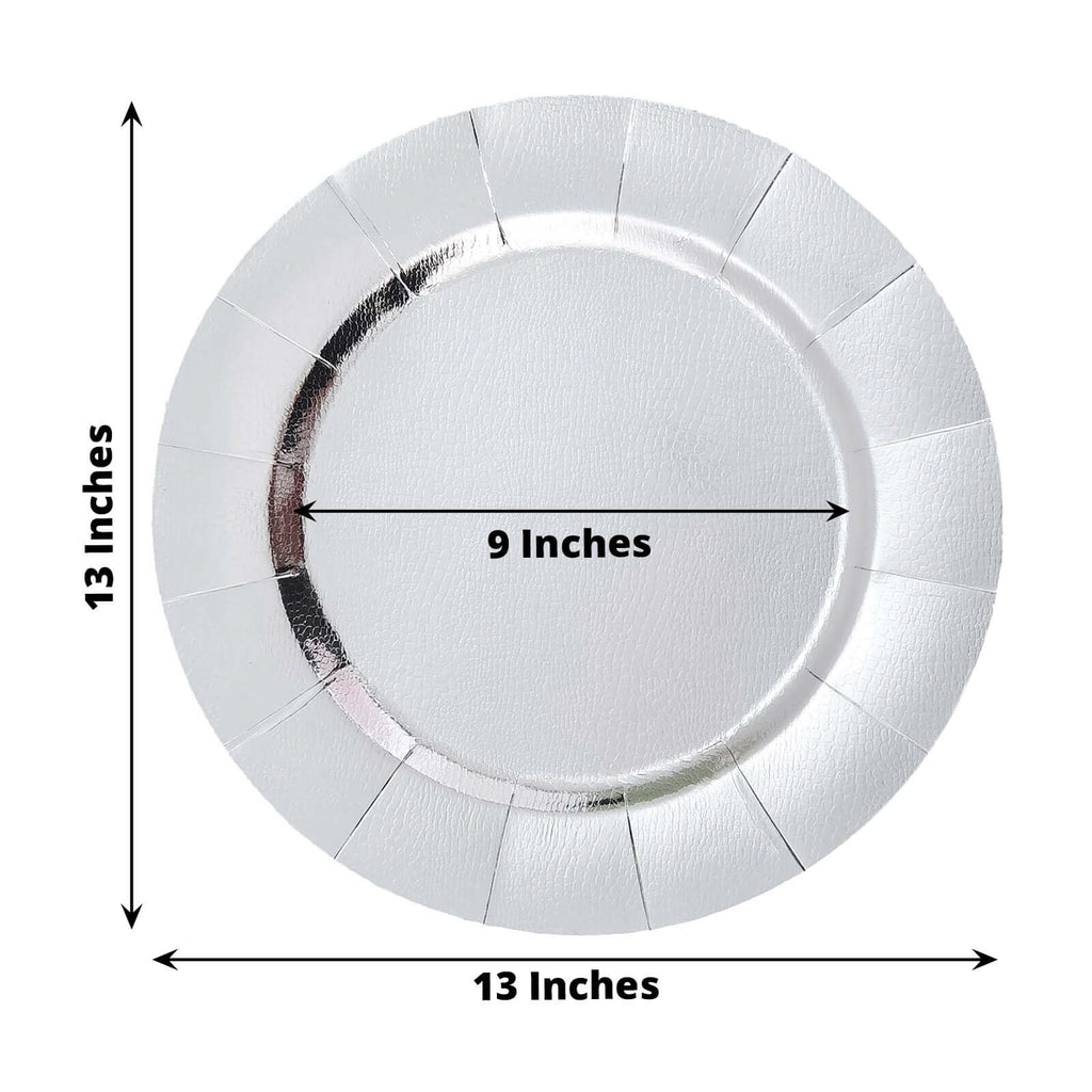 10-Pack Disposable Round Charger Plates in Silver with Leathery Texture - Durable 1100GSM Cardboard Placemats 13"