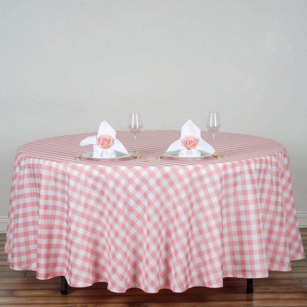 Polyester 108" Round Tablecloth White/Rose Quartz - Checkered Buffalo Plaid Design for Stylish Celebrations