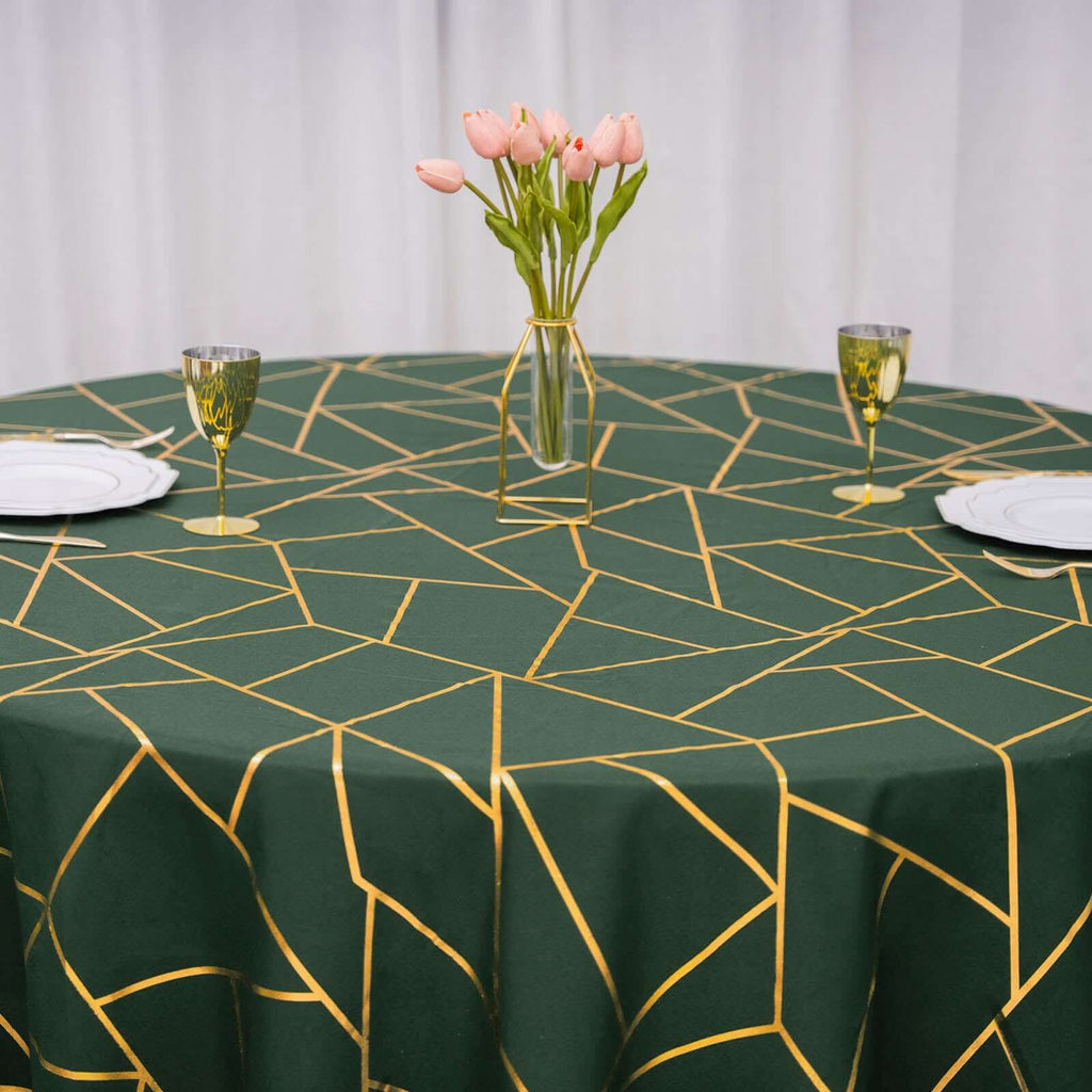 Polyester 120" Round Tablecloth Hunter Emerald Green with Gold Foil Geometric Pattern Wrinkle-Resistant Seamless Table Cover