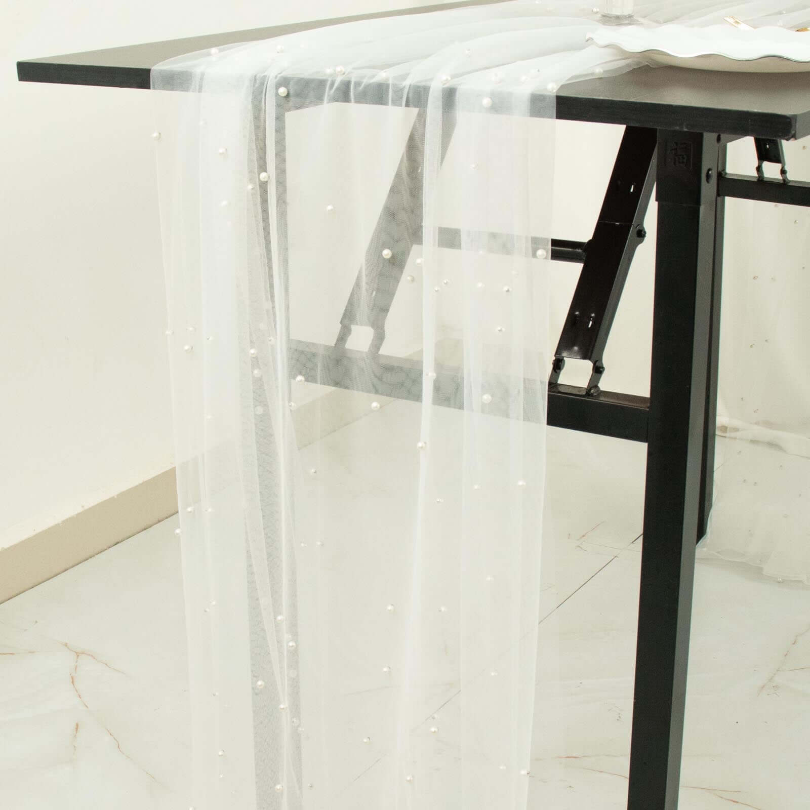 Sheer Tulle 48"x120" Table Runner White Pearl Embellished - Stylish Wedding & Event Table Linen