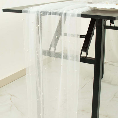 Sheer Tulle 48"x120" Table Runner White Pearl Embellished - Stylish Wedding & Event Table Linen